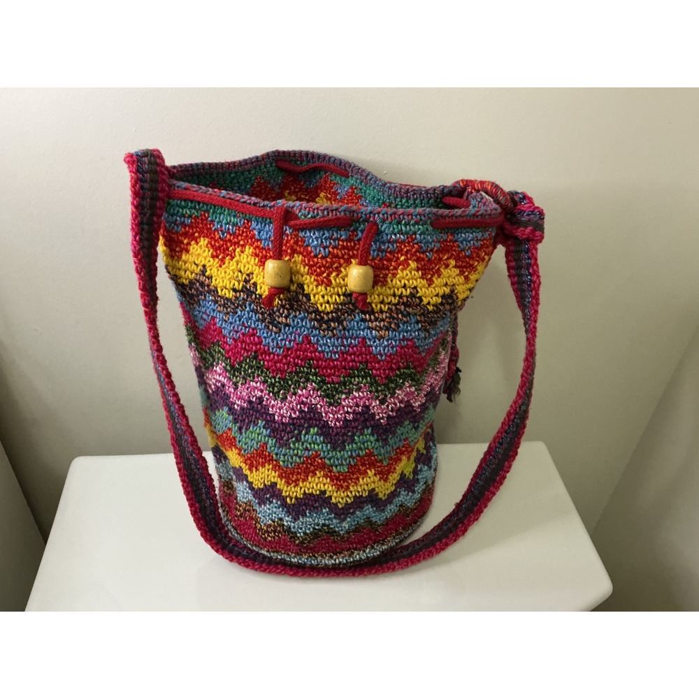 Handmade Crochet Bucket Bag Boho Chevron Multi Color Drawstring Shoulder Bag